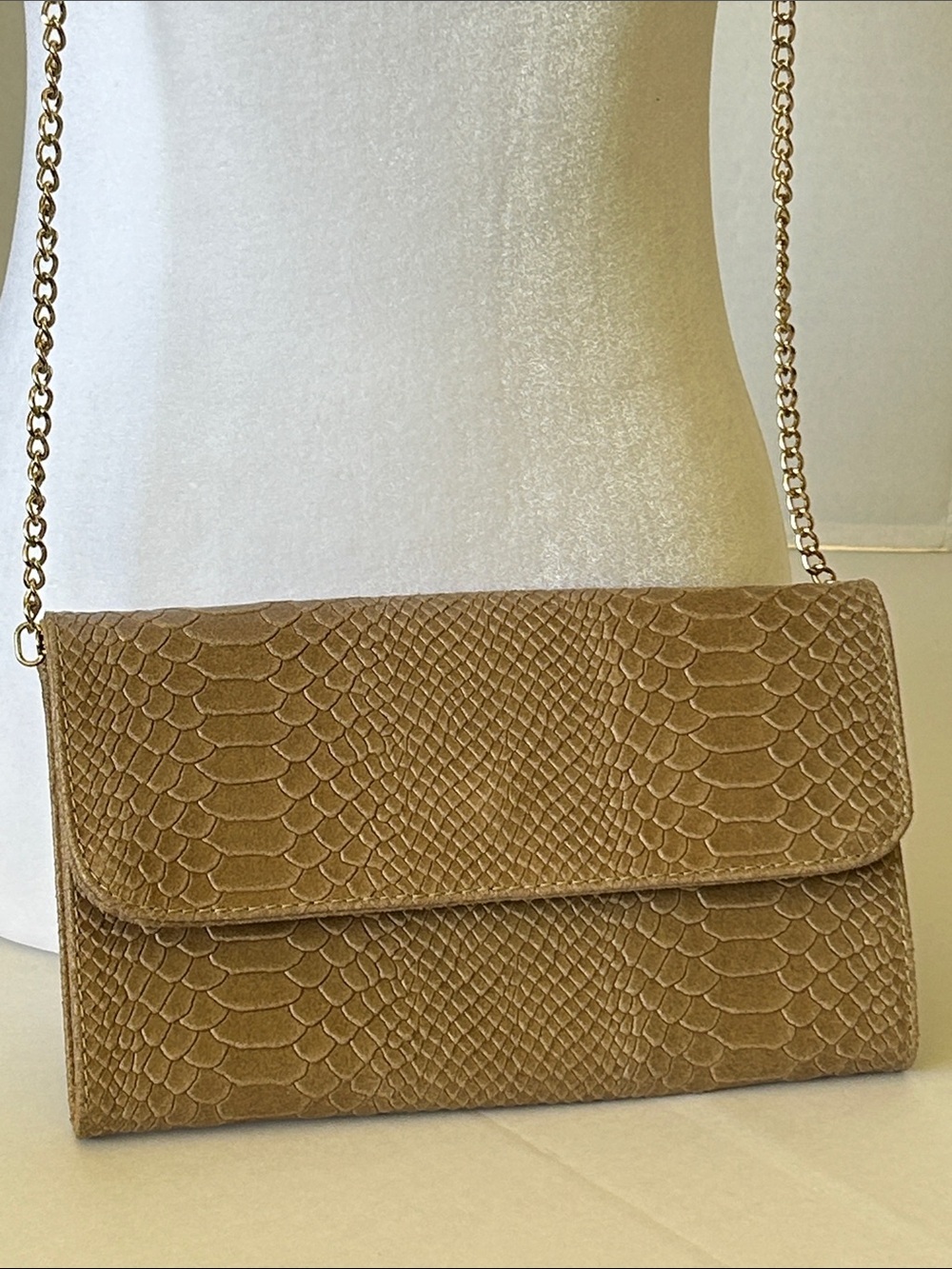BORSE IN PELLE TAN SNAKESKIN DESIGN LEATHER CROSSBODY CLUTCH MADE IN ITALY